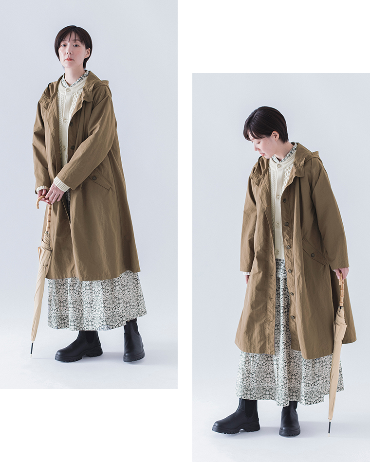&yarn撥水フーテッドコートブラウンのロングシーズン活躍