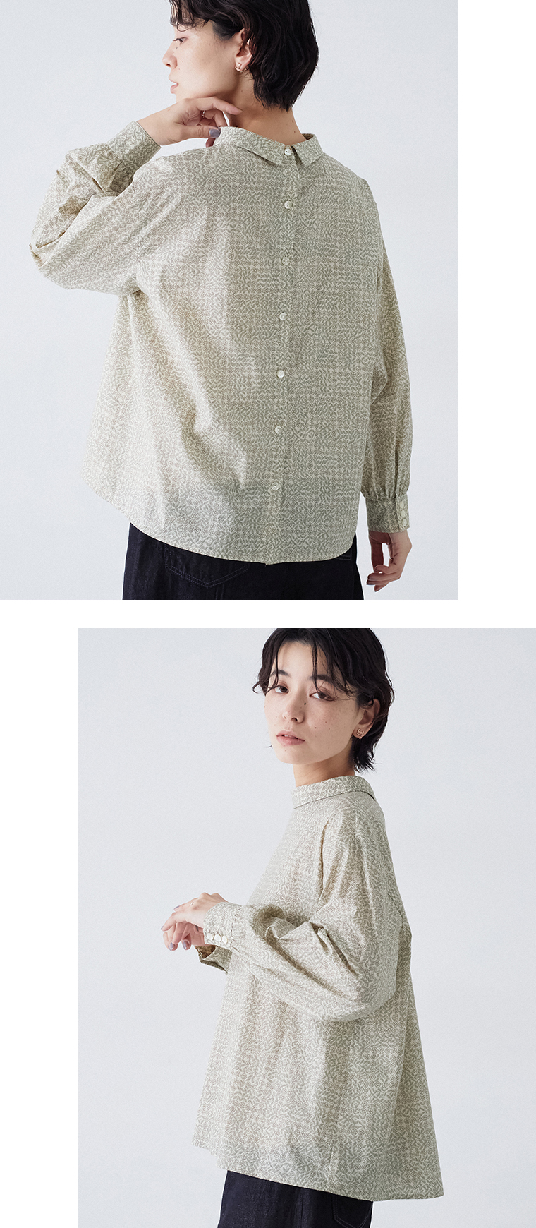 &yarn リバティ花柄ブラウスグレーの後ろボタンと襟と裾