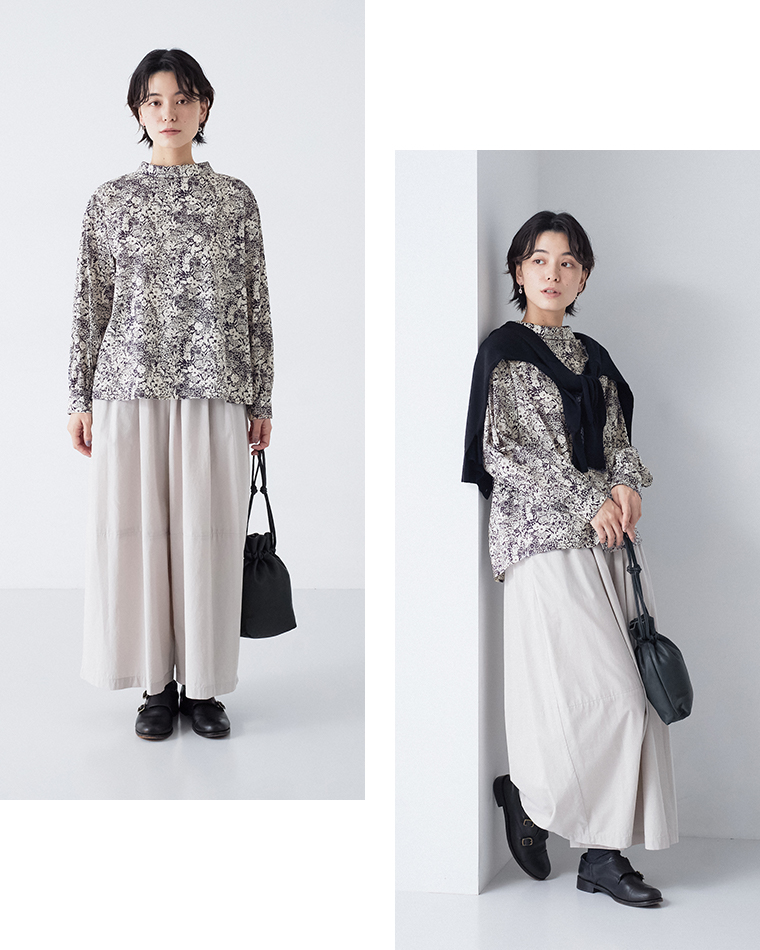 &yarn リバティ花柄ブラウスネイビーのコーディネート