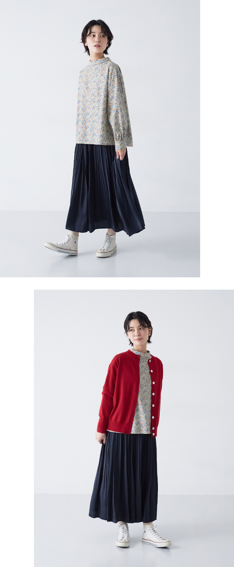 &yarn リバティ花柄ブラウスマルチのコーディネート