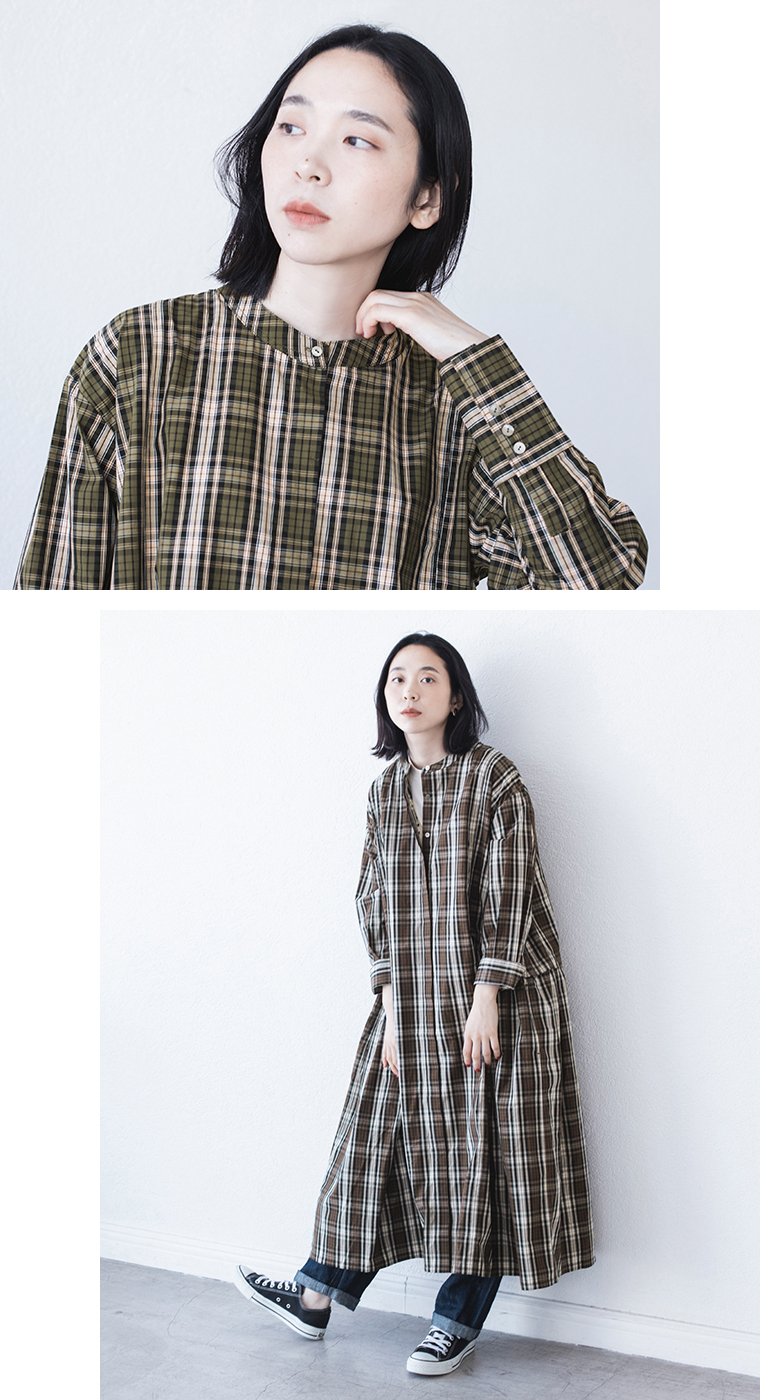 &yarn コットンチェックサイドタックワンピース