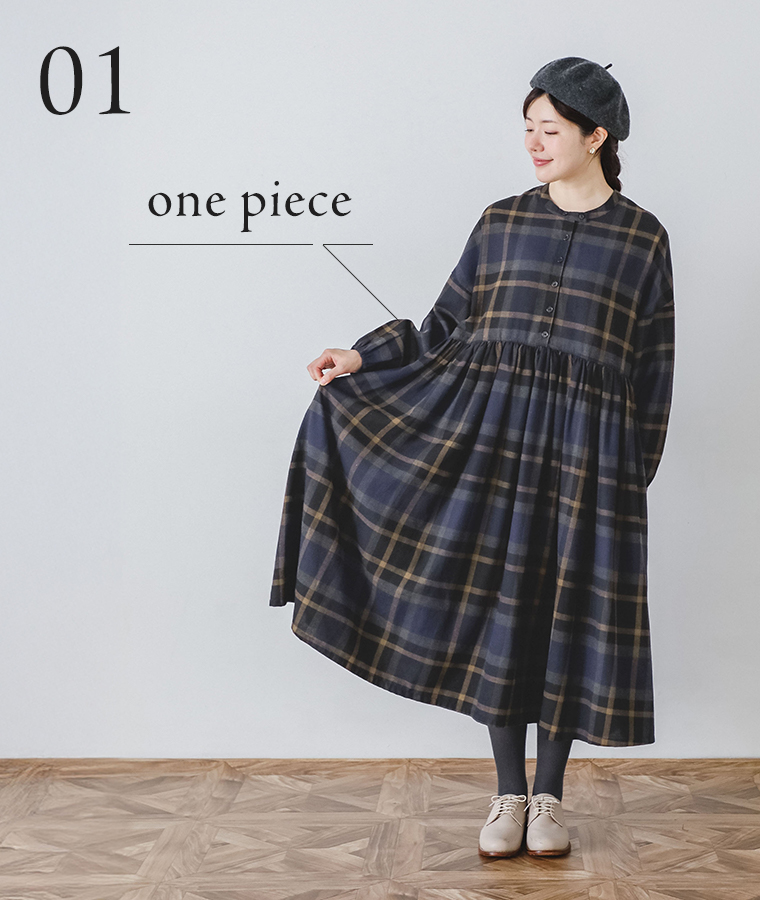 【 m.n 】ネルウエスト切替長袖ギャザーワンピース＜ショート丈＞