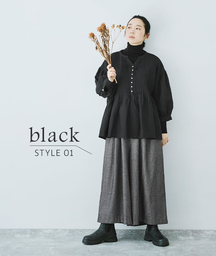 08Mab 別注｜コットンリネンデニムワイドパンツ ブラックブラウス合わせ