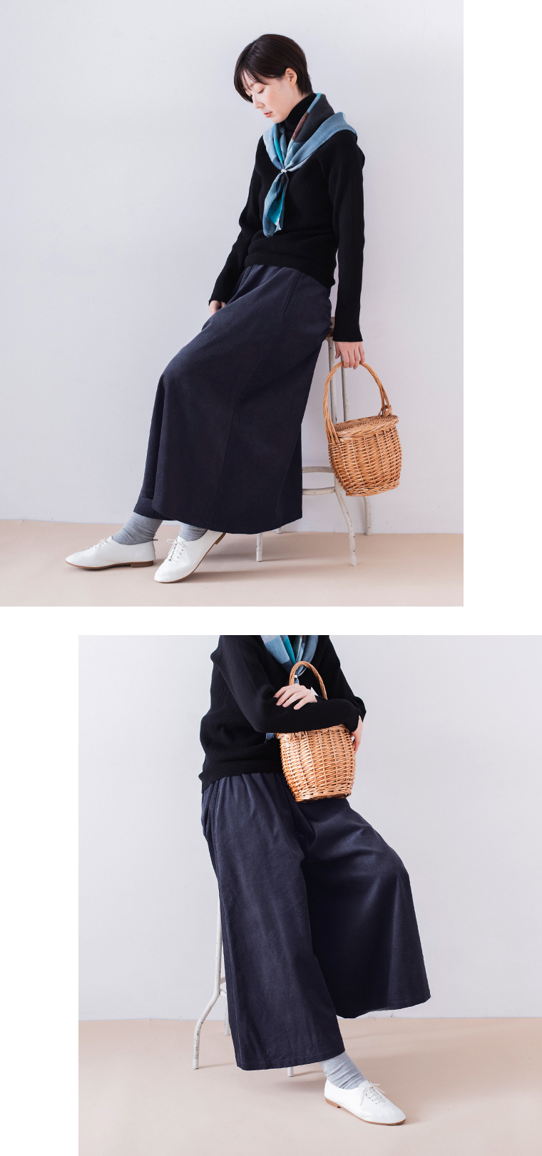 &yarn コーデュロイワイドギャザーパンツ(ネイビー)の椅子に座ったカットと下半身寄り