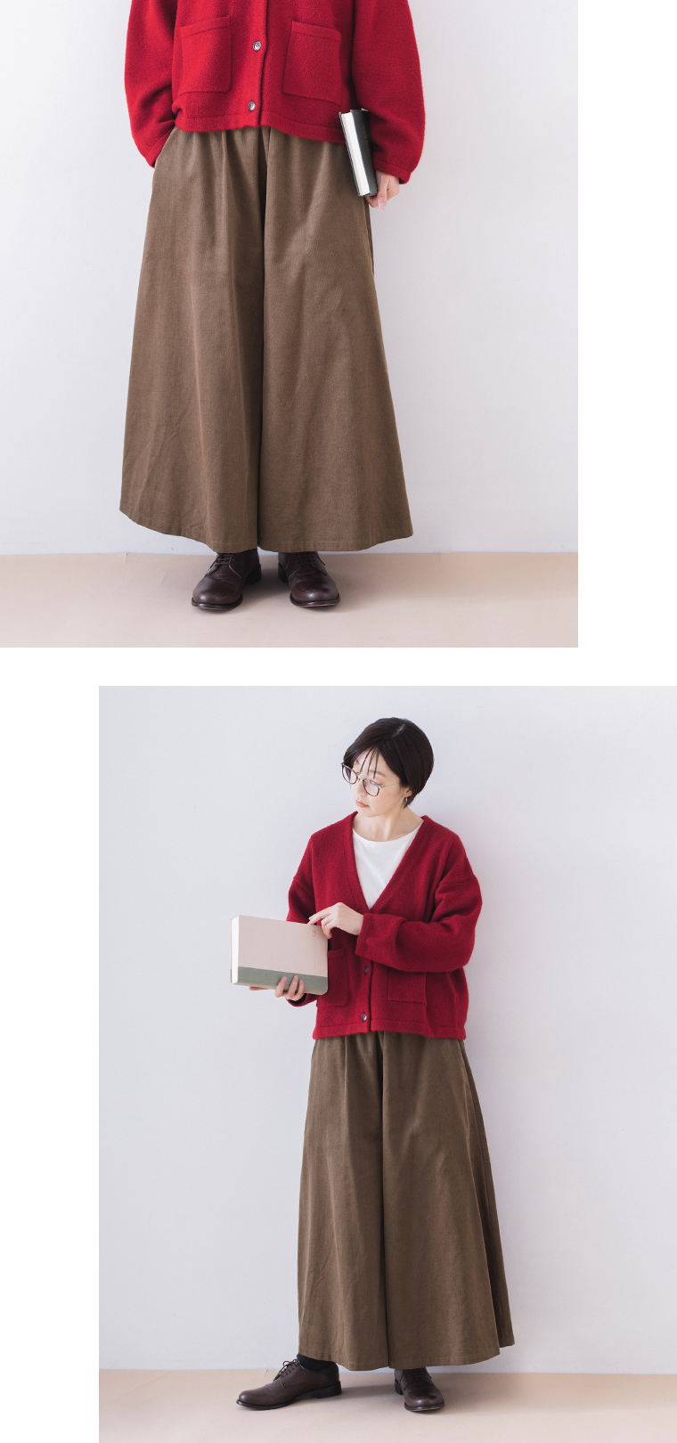 &yarn コーデュロイワイドギャザーパンツ(モカ)の下半身寄り前と全身前