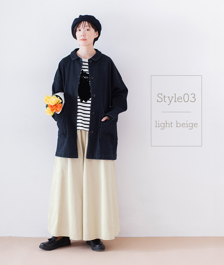 &yarn コーデュロイワイドギャザーパンツ(ライトベージュ)のコーディネート