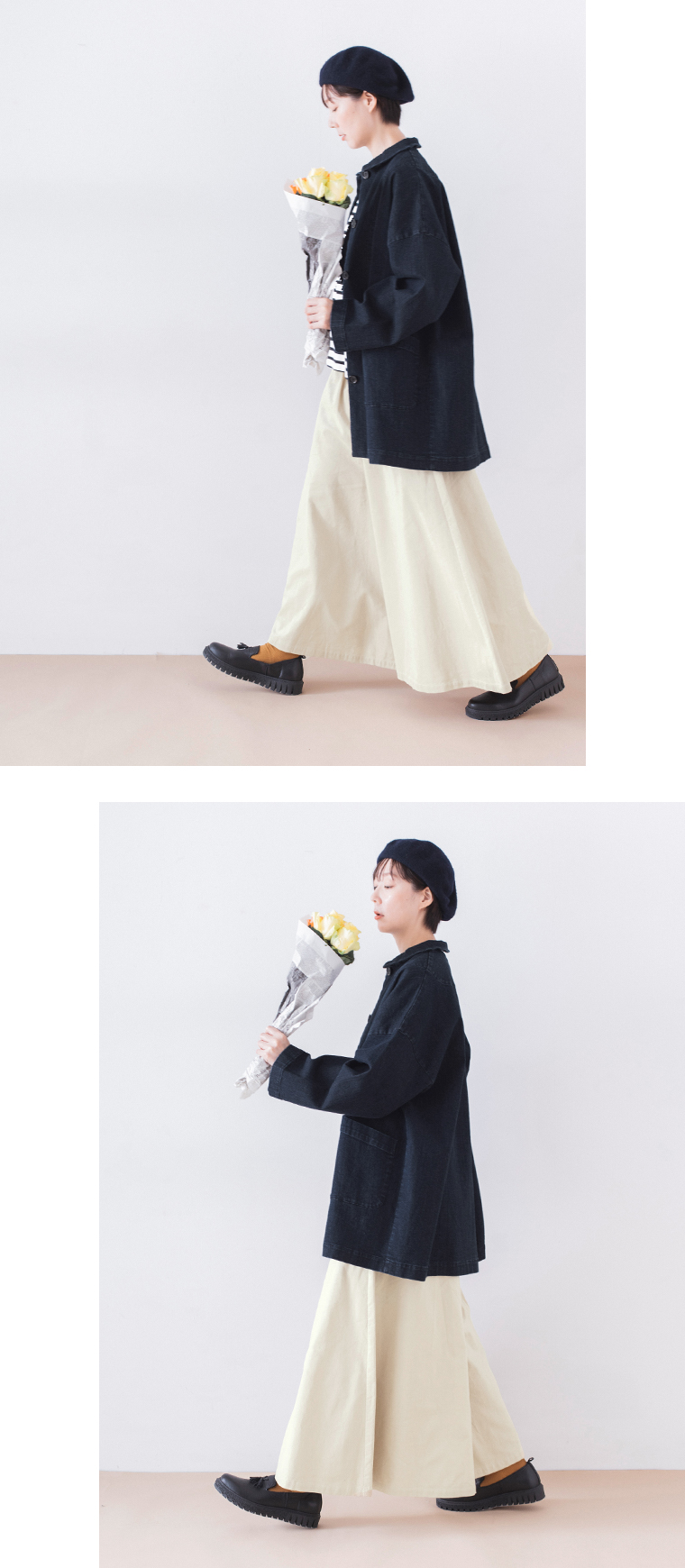 &yarn コーデュロイワイドギャザーパンツ(ライトベージュ)の全身横カット