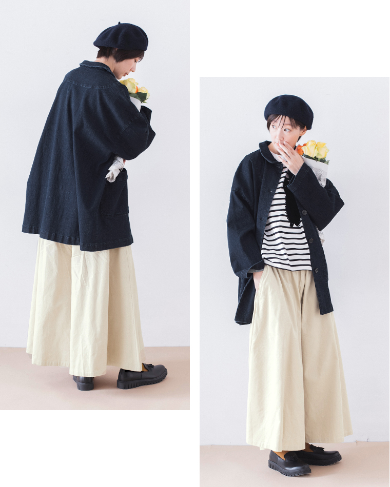&yarn コーデュロイワイドギャザーパンツ(ライトベージュ)の全身後ろと前
