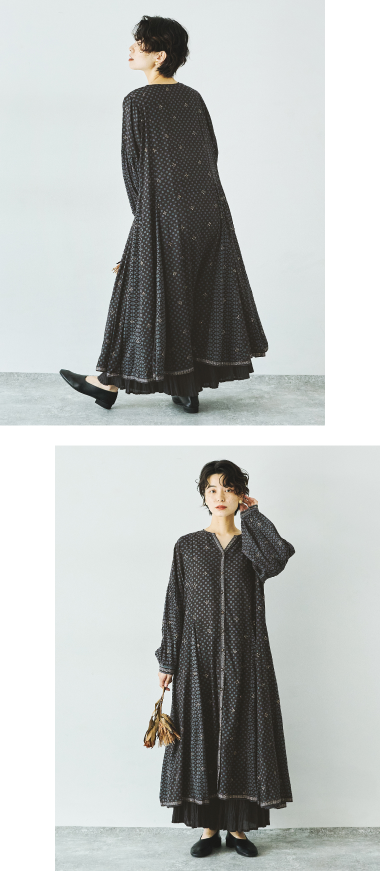 MALAIKA ドット×ゴールドプリントワンピース(ブラック)の全身後ろと前