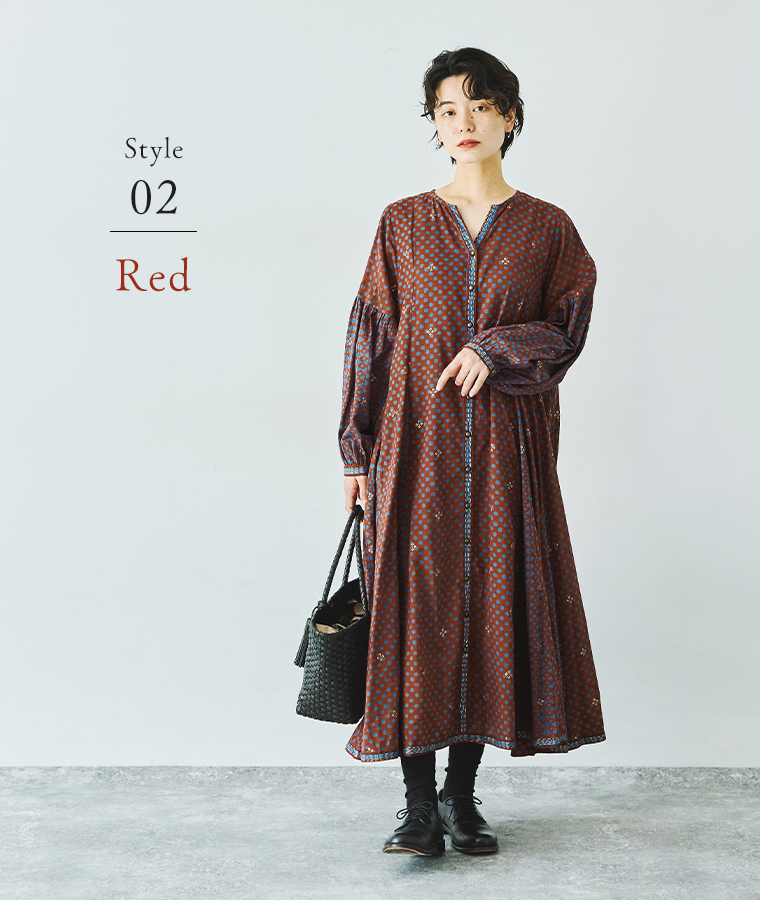 MALAIKA ドット×ゴールドプリントワンピース(レッド)のコーディネート