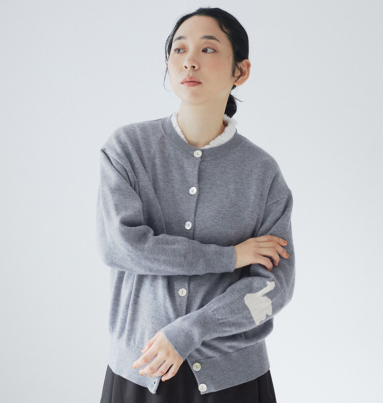 nop de nod 左袖スワンインターシャクルーカーディガン