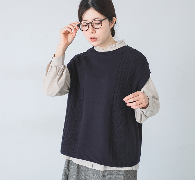 【 no jean 】ゆったりニットベスト ケーブル柄見せ