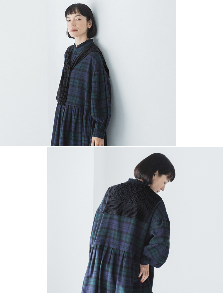 Lintu Laulu  襟フリルくるみボタンワンピース ブラックウォッチ 上半身