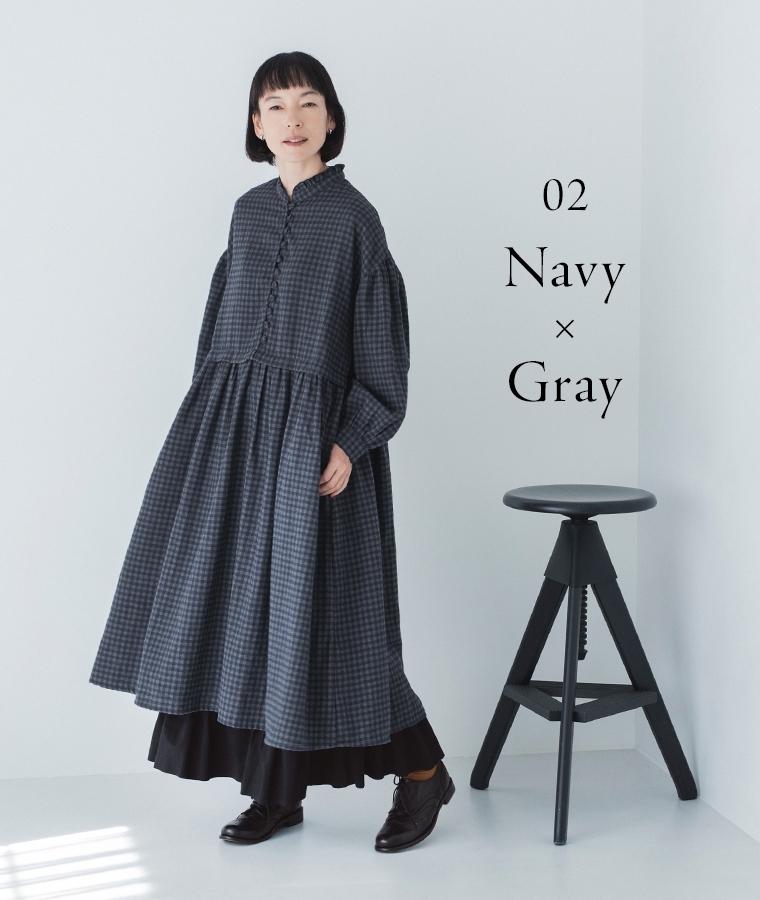 Lintu Laulu  襟フリルくるみボタンワンピース ネイビー×グレー