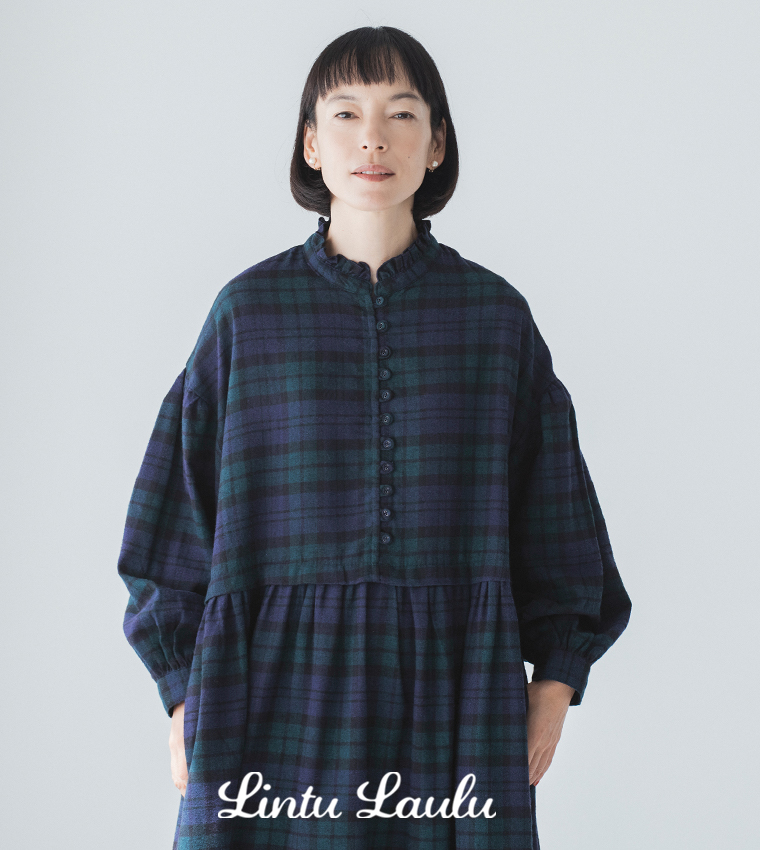 Lintu Laulu  襟フリルくるみボタンワンピース