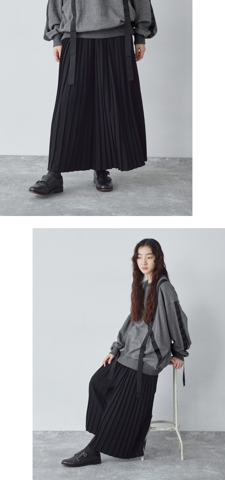 koibitomisaki プリーツパンツ(ブラック)の下半身前と座ったカット