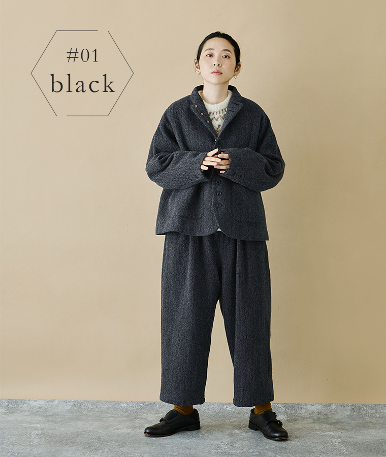 ICHI Antiquit?s ウールヘリンボーンジャケット ブラック全身前