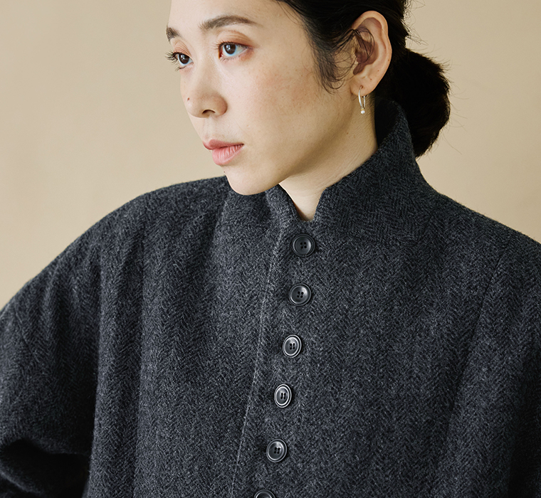 ICHI Antiquit?s ウールヘリンボーンジャケット ブラック襟寄り