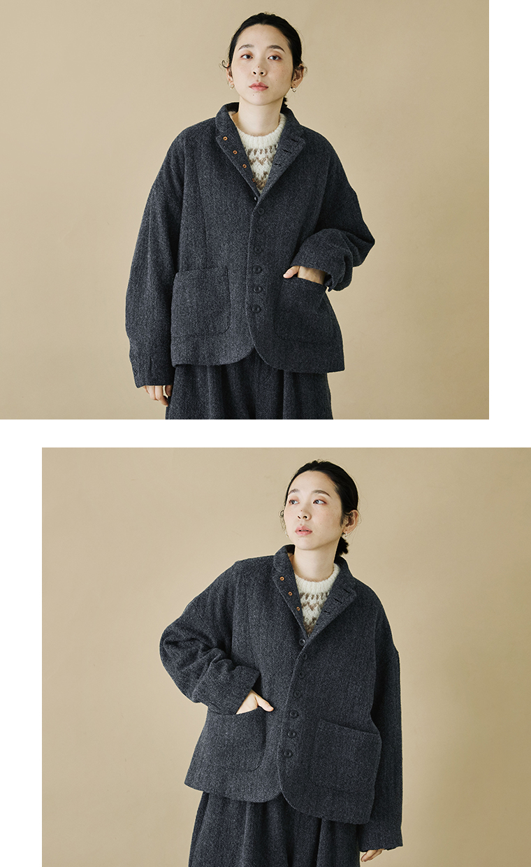 ICHI Antiquit?s ウールヘリンボーンジャケット ブラック上半身寄り