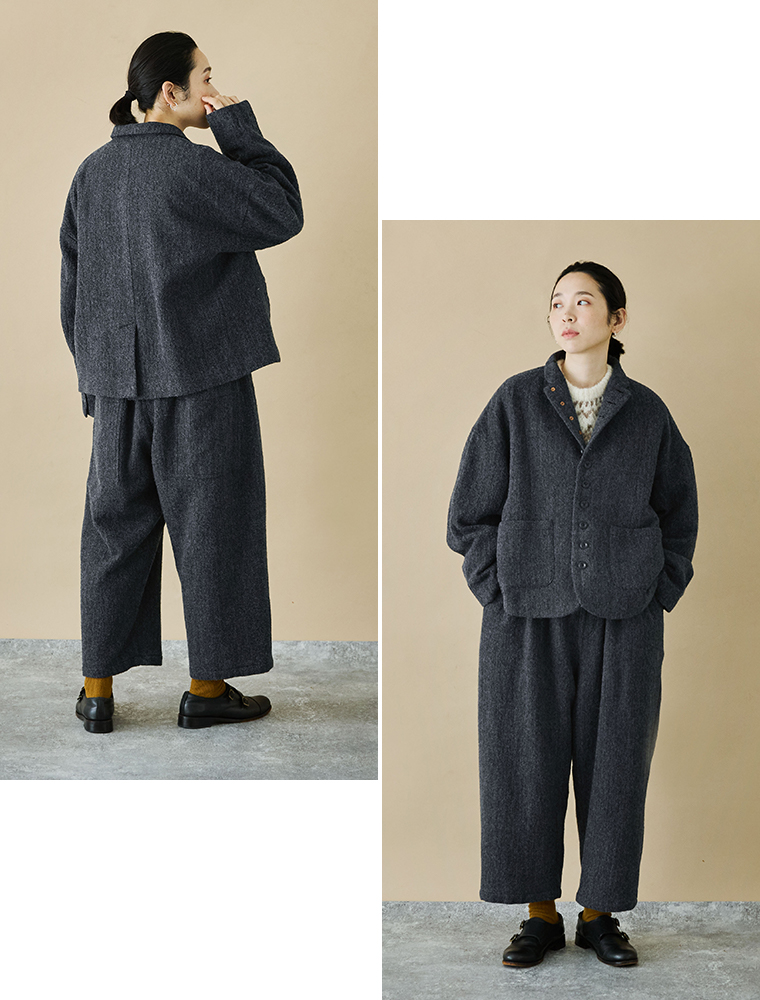 ICHI Antiquit?s ウールヘリンボーンジャケット ブラック全身前後