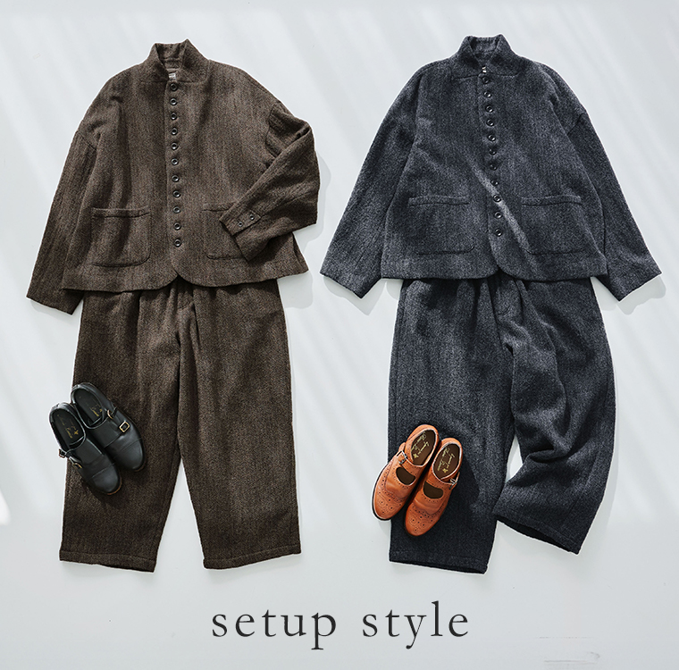 ICHI Antiquit?s ウールヘリンボーンジャケット セットアップスタイル置き