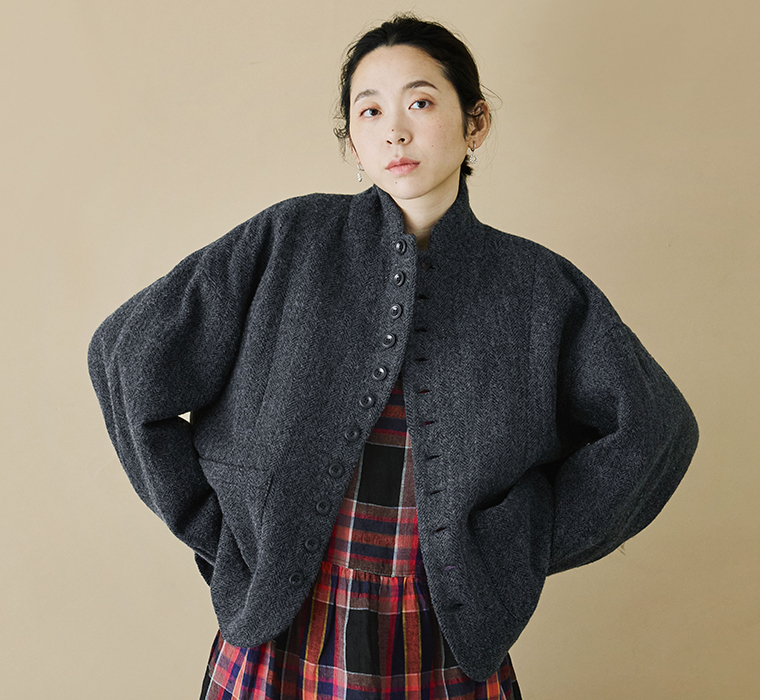 ICHI Antiquit?s ウールヘリンボーンジャケット ブラック チェック合わせ 上半身寄り