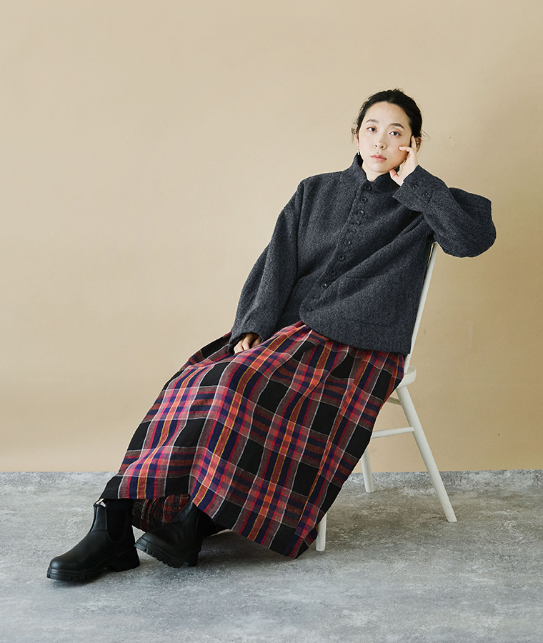 ICHI Antiquit?s ウールヘリンボーンジャケット ブラック チェック合わせ 座りカット