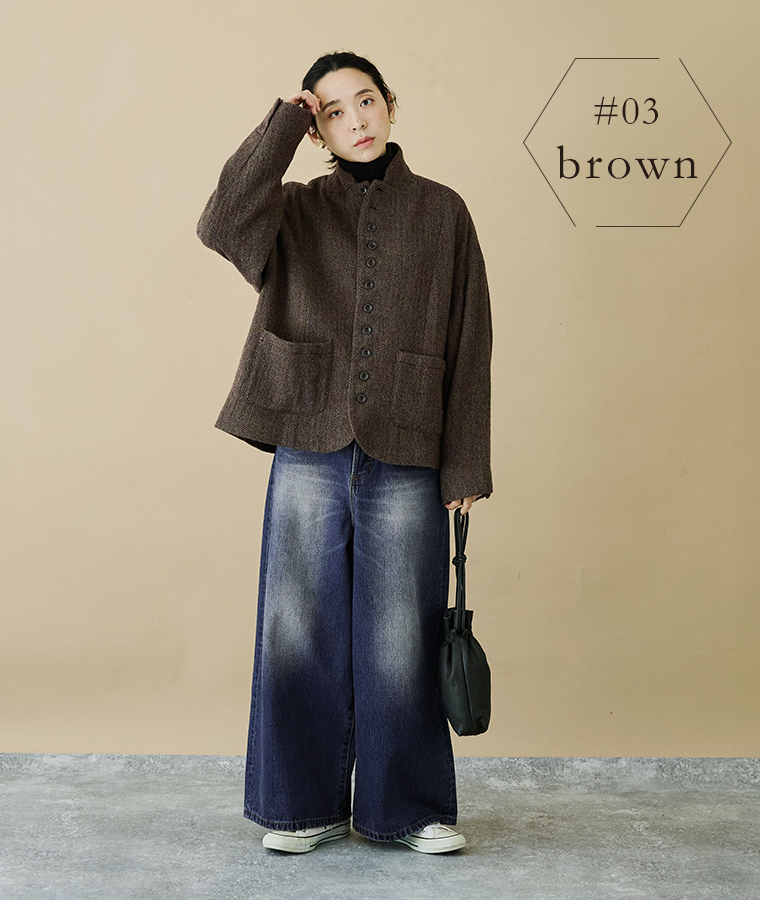 ICHI Antiquit?s ウールヘリンボーンジャケット ブラウン