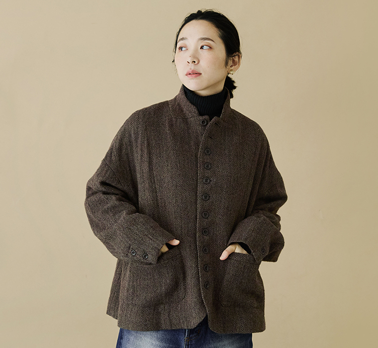 ICHI Antiquit?s ウールヘリンボーンジャケット ブラウン 上半身寄り