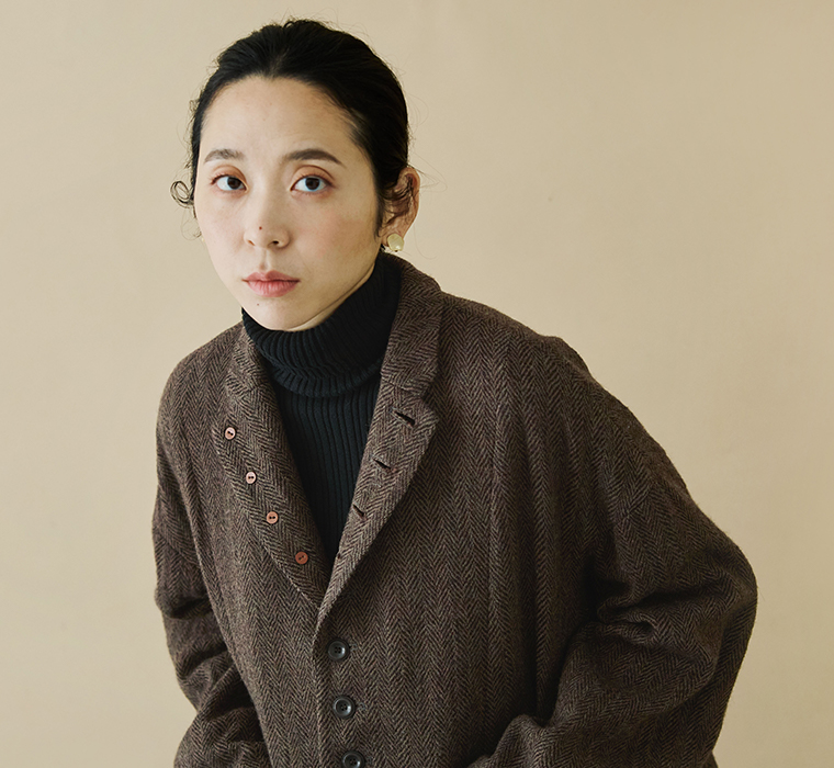 ICHI Antiquit?s ウールヘリンボーンジャケット ブラウン 首元寄り