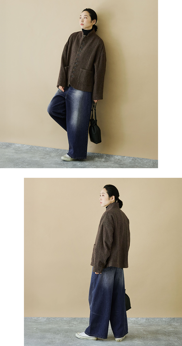 ICHI Antiquit?s ウールヘリンボーンジャケット ブラウン 全身前後