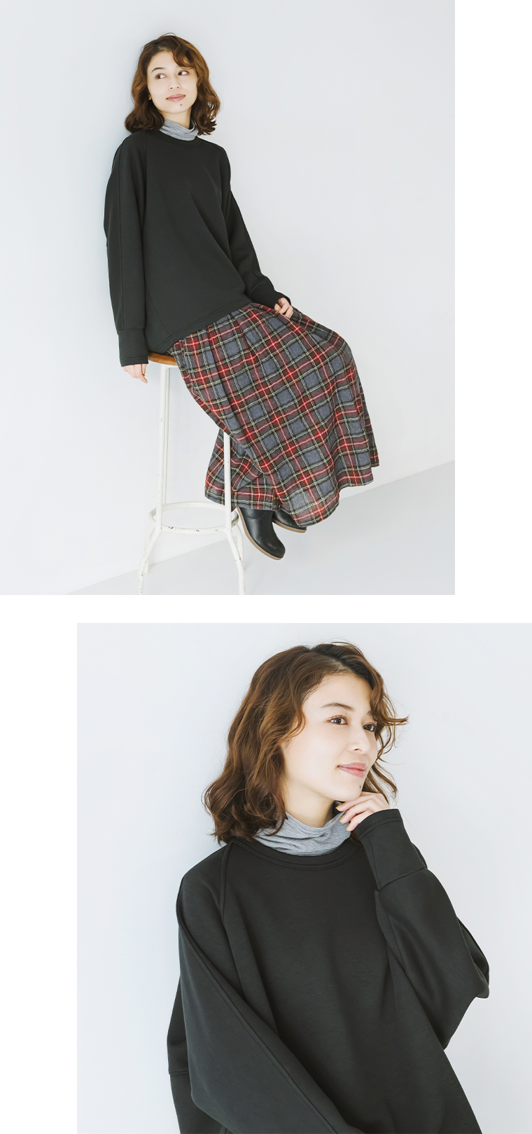 &yarn ダンボール後ろタックプルオーバー(チャコール)の座ったカットと上半身寄り