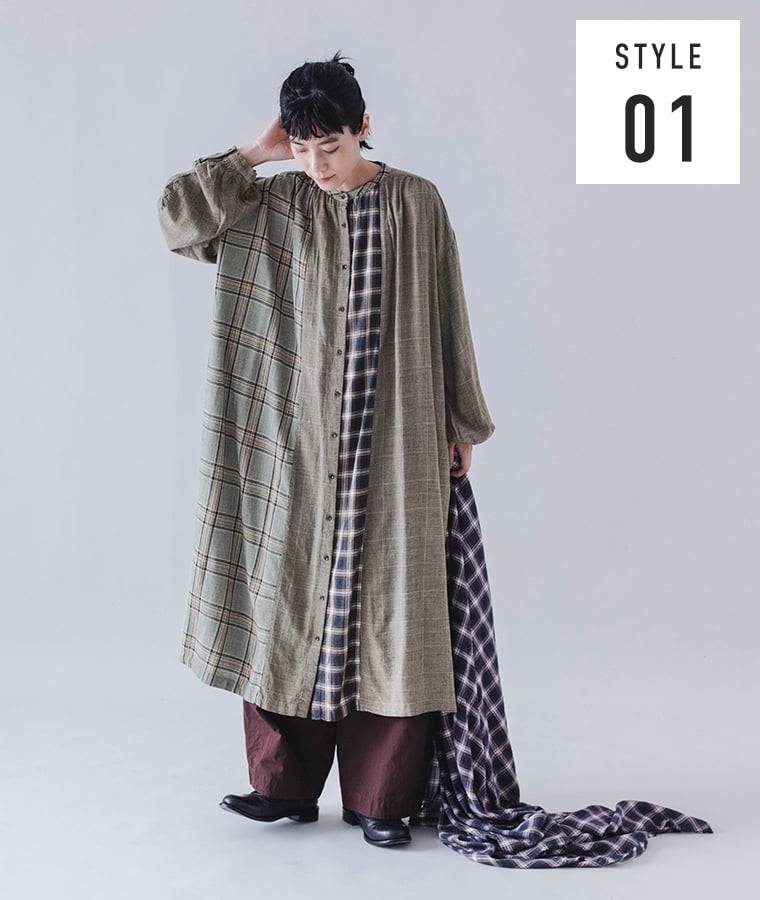 so レーヨンウールガーゼヨークワンピース チェックミックス 全身前