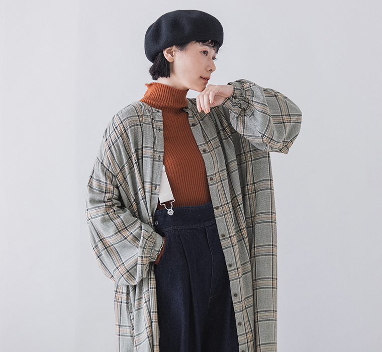 so レーヨンウールガーゼヨークワンピース ブラウングレンチェック 袖寄り