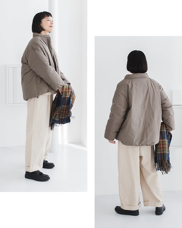 &yarnふんわり軽量 ちび襟ダウンジャケット モカの着心地