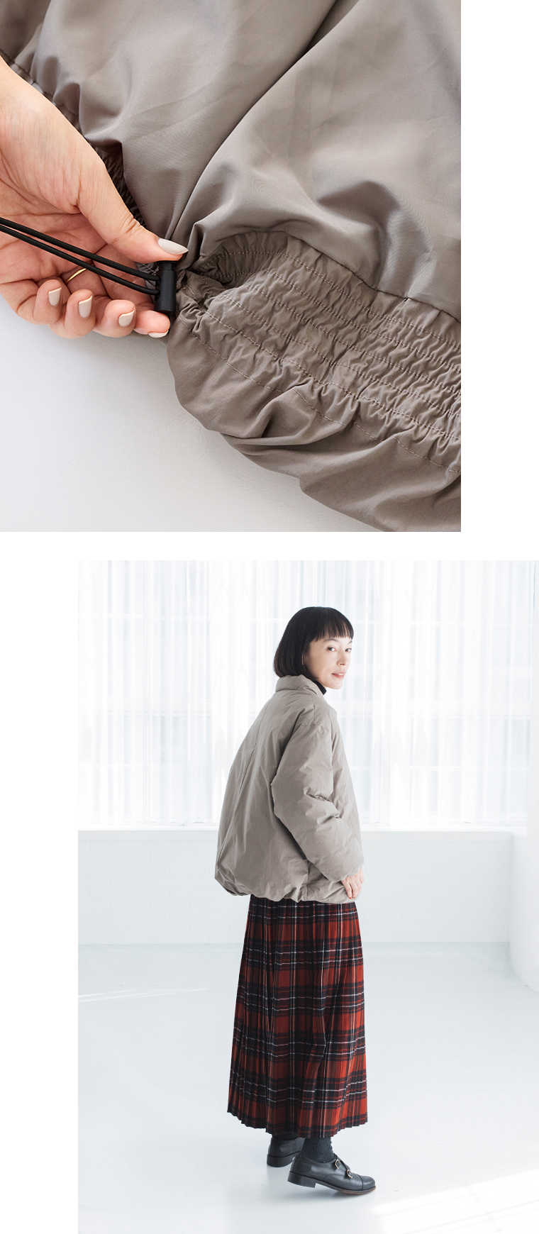 &yarnふんわり軽量 ちび襟ダウンジャケット モカのドローコード