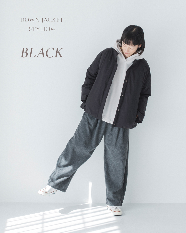 &yarnふんわり軽量 ちび襟ダウンジャケット ブラックのカジュアルコーディネート