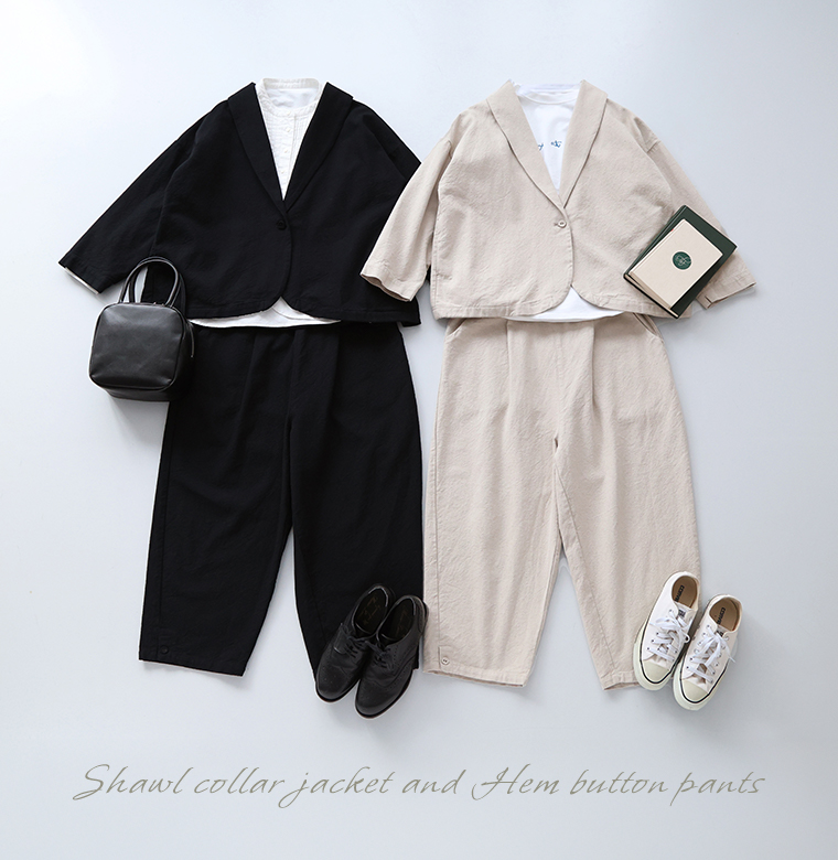 &yarn コットンリネンツイル ショールカラージャケットとコットンリネンツイル 裾ボタンパンツのセットアップとカラー展開