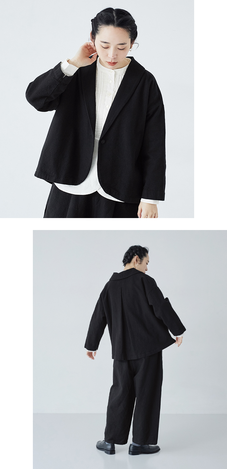 &yarn コットンリネンツイル ショールカラージャケット(ブラック)のスリットとシルエット