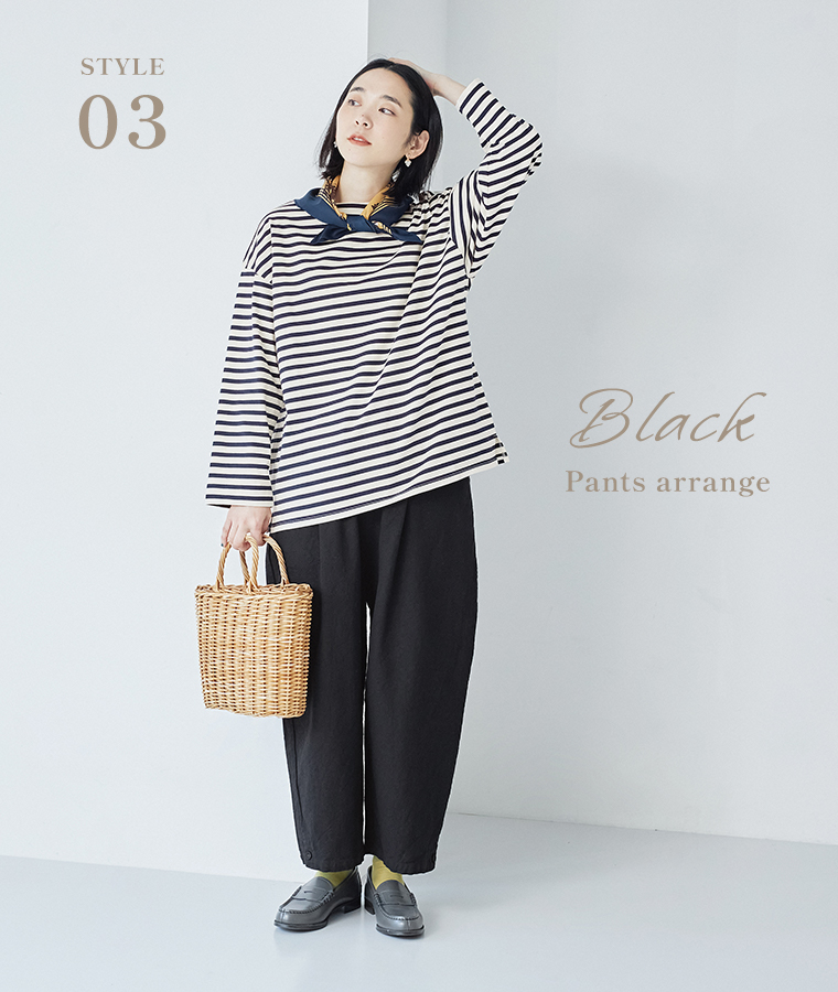 &yarn コットンリネンツイル 裾ボタンパンツ(ブラック)の着まわしコーディネート