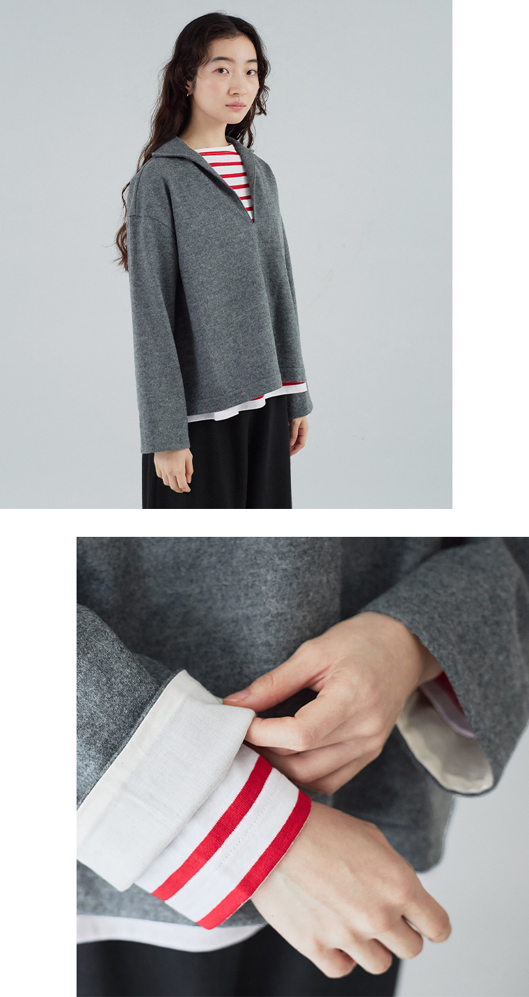 Vent d'ouest セーラーカラートップス(チャコール)の上半身寄り斜めと袖口アップ