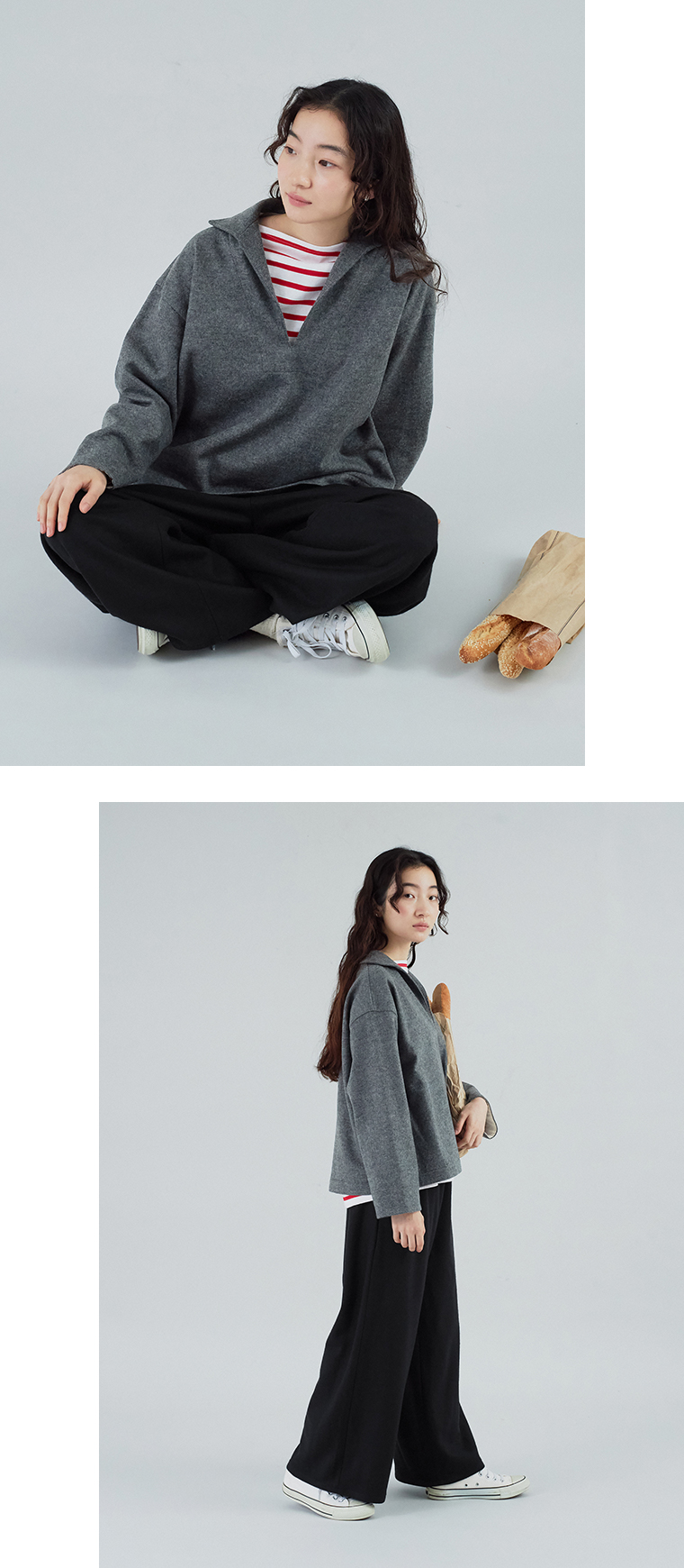 Vent d'ouest セーラーカラートップス(チャコール)の座ったカットと全身横