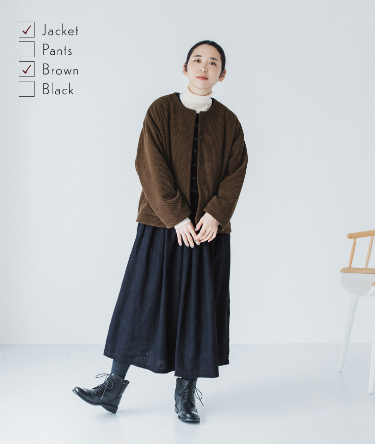 &yarn コットン太畝コーデュロイ ジャケットの着こなし