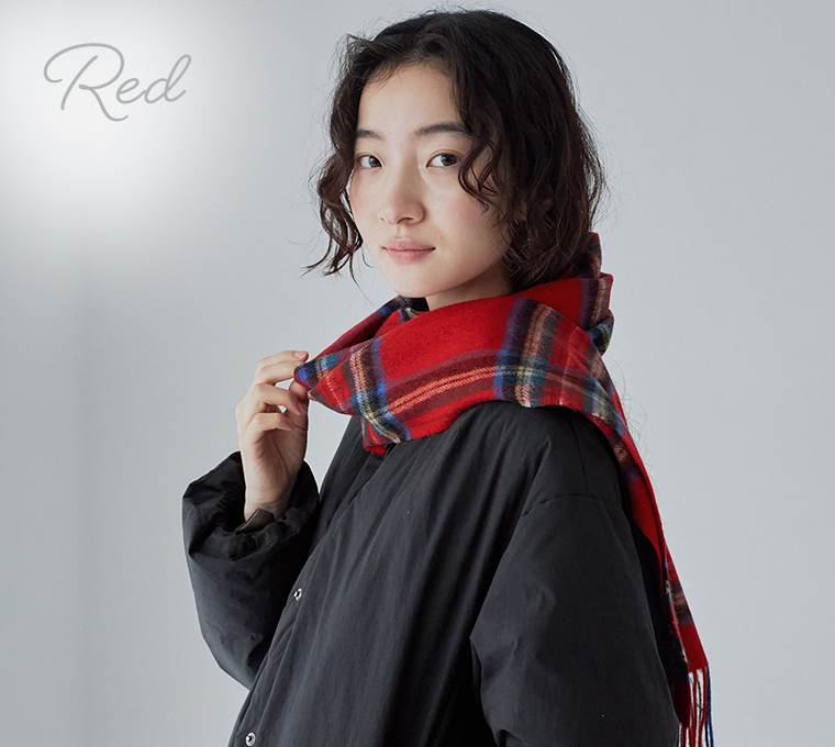 CNK 洗えるウールタータンチェックマフラー レッド