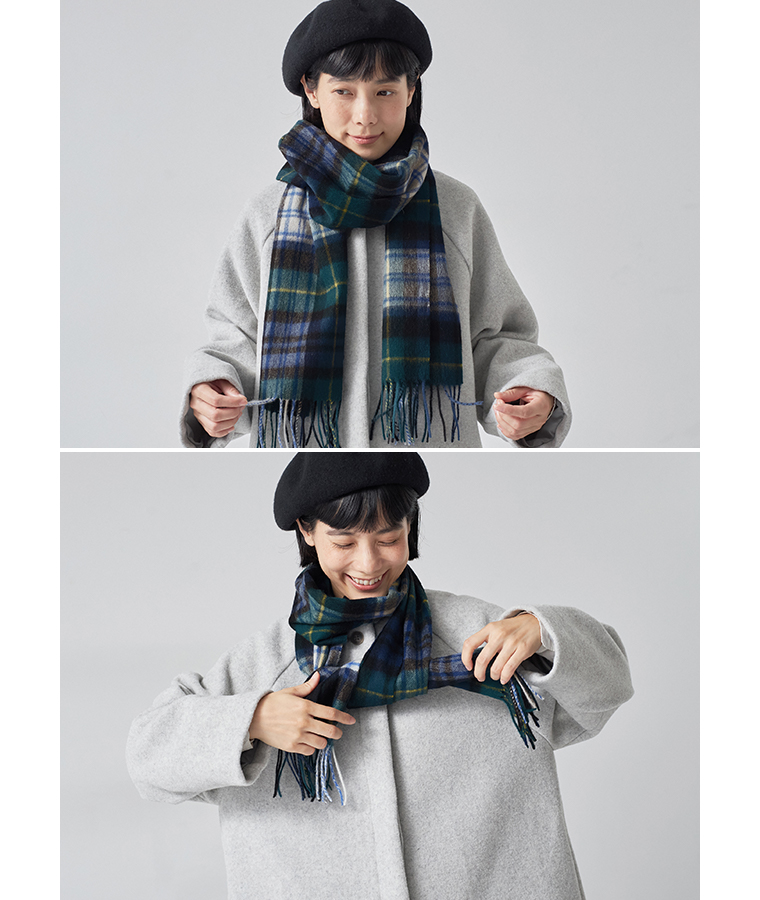 CNK 洗えるウールタータンチェックマフラー ネイビー 巻き方