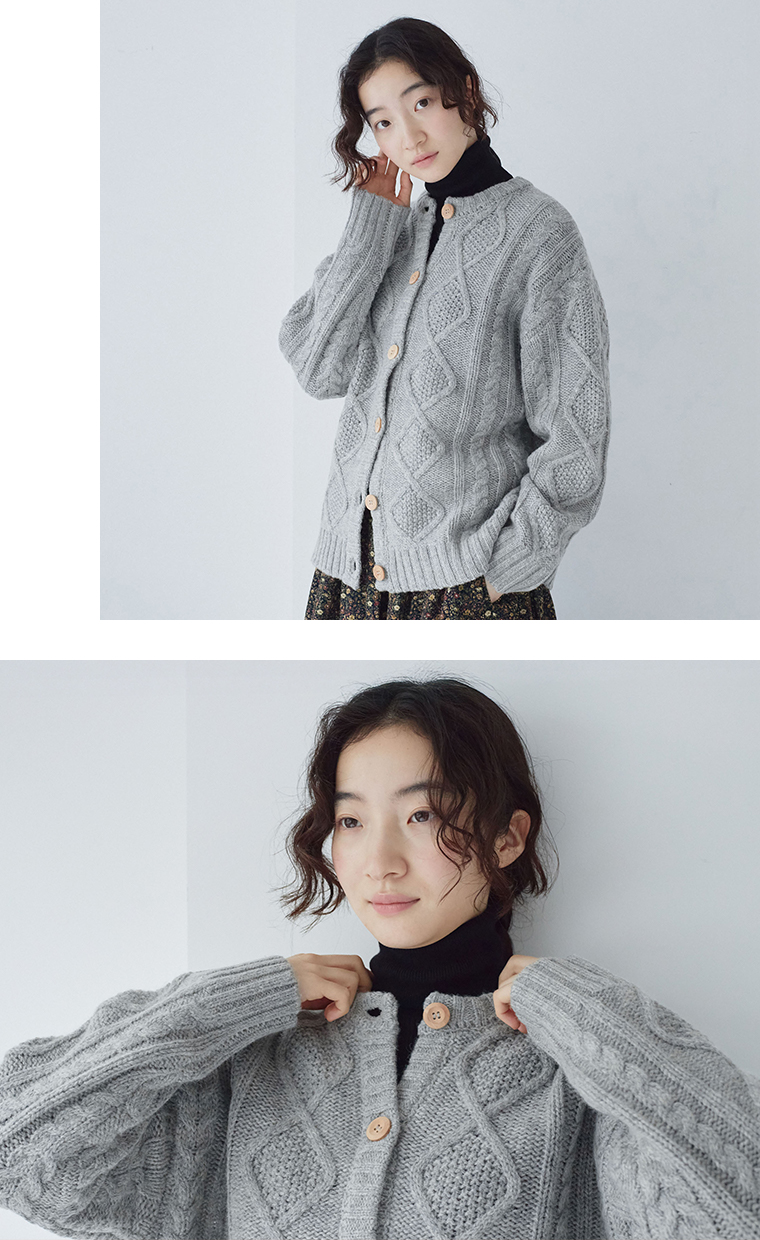 【 ichi 】シェットランドウールカーディガン グレー ボタン見せ