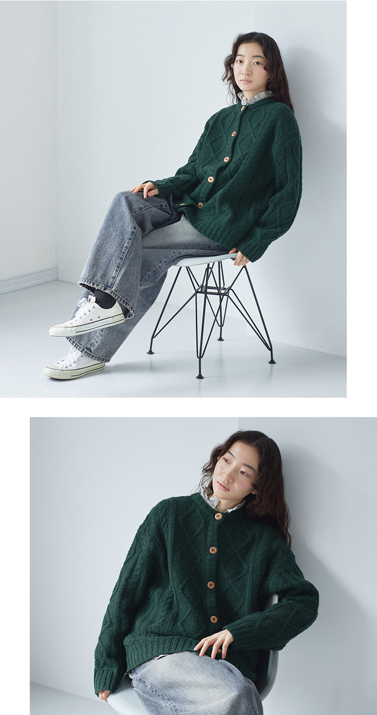 【 ichi 】シェットランドウールカーディガン グリーン 全身コーディネート座り