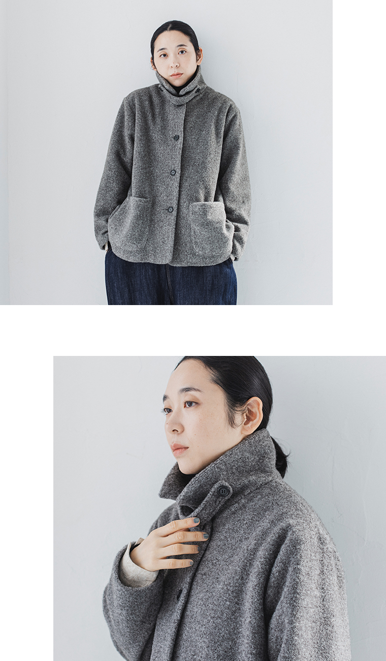 ista-ire  ブークレ　2wayカラーショートコート　グレー　上半身と首元寄り　