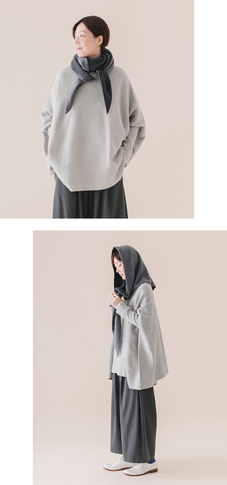 &yarn ニットワイドプルオーバー(杢グレー)の上半身前と全身横