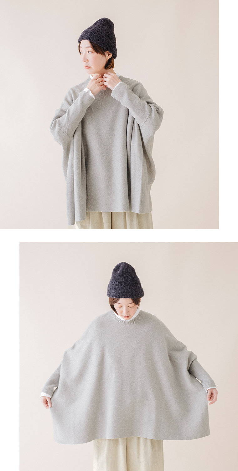 &yarn ニットワイドプルオーバー(杢グレー)のアレンジ上半身前